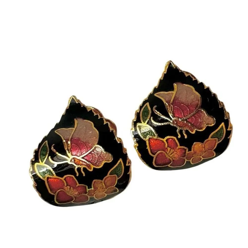 Vintage Cloisonné Butterfly Floral Clip-On Earrings